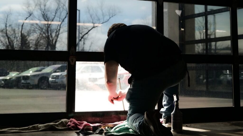 Sun Control installer applying window film to a large commercial storefront glass wall